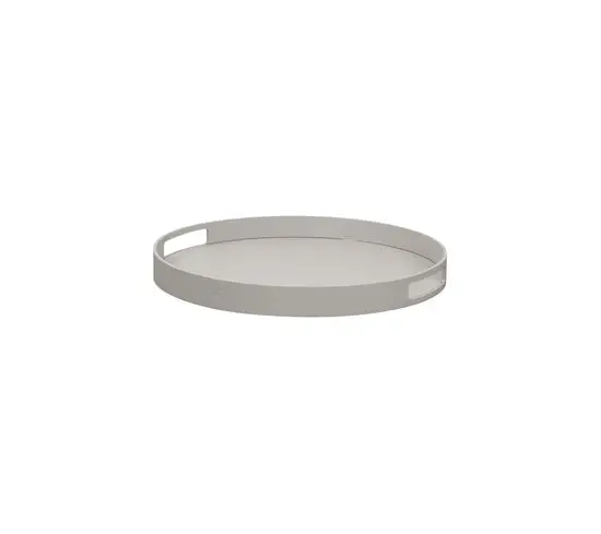 Rund bakke med glat overflade og udskårne håndtag. Neutral farve, minimalistisk design.