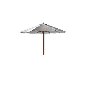 Rund parasol med lys grå dug og træstang.