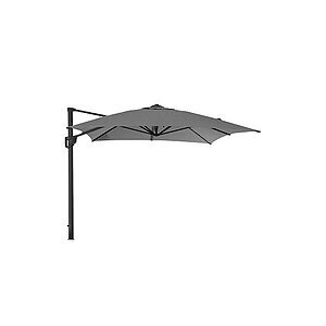 Stor, antracitgrå parasol med sidepole, giver skygge og plads. Elegant til terrasse og havebrug.