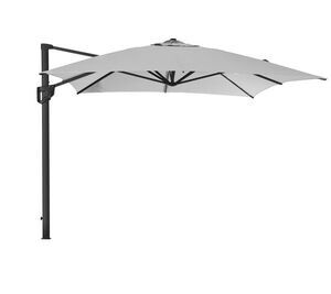 Hængende parasol med lys grå dug og mørk ramme. Sidepostdesign skaber plads under parasollen.