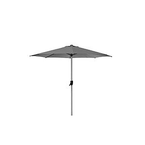 Udendørs parasol med mørk, segmenteret skærm og krank til justering på stangen.