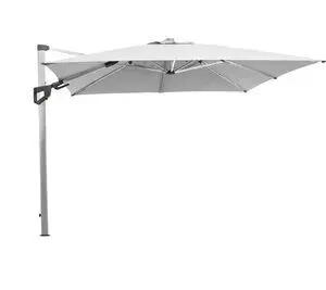 Firkantet parasol 3x3 m, støvhvid dug, sølv stel, fritstående med tilt-funktion.