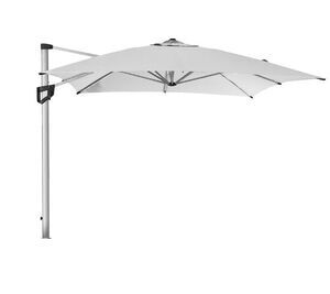 Stor parasol med sidepole, grå/taupe dug, robust sølv anodiseret aluminiumsdesign.