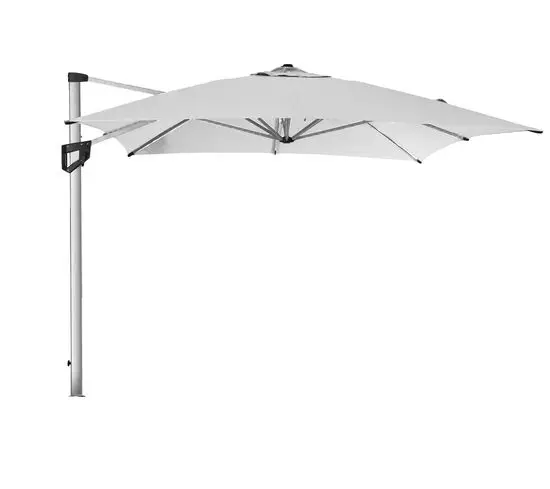 Stor parasol med sidepole, grå/taupe dug, robust sølv anodiseret aluminiumsdesign.