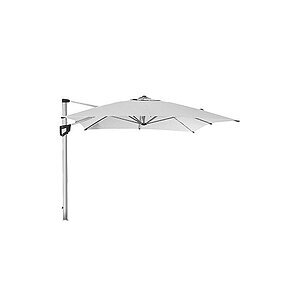 Stor parasol med sidepole, grå/taupe dug, robust sølv anodiseret aluminiumsdesign.