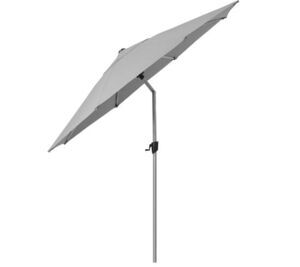 Lysegrå parasol med tilt, rund design, sølv mat stang, diameter 3 m.