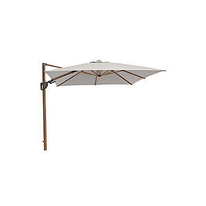 Stor cantilever parasol med hvidt rektangulært sejl, trælook-støtte og metaldele.