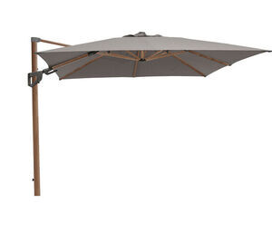 Rektangulær taupe parasol med hængemekanisme og metalramme.