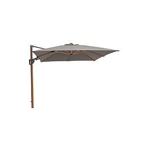 Rektangulær taupe parasol med hængemekanisme og metalramme.