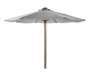 Rund parasol med lysegrå dug, trælook-stang og eger, 3 m i dia.