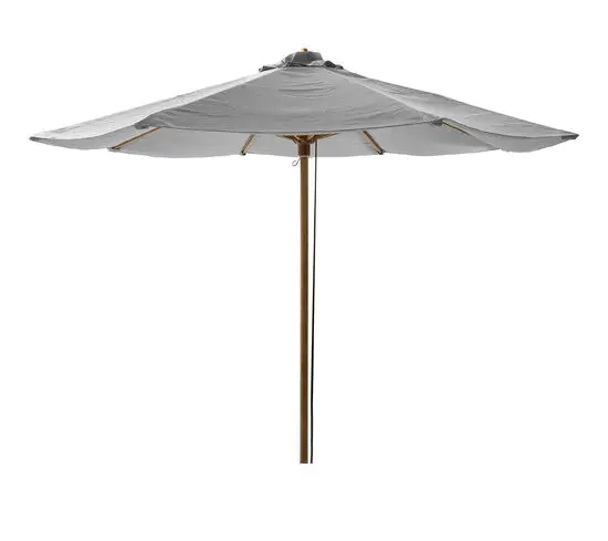 Rund parasol med lysegrå dug, trælook-stang og eger, 3 m i dia.