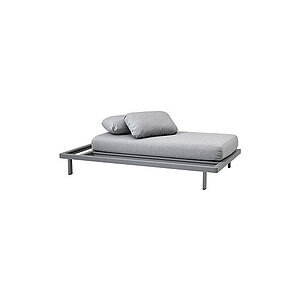 Moderne grå sofa med minimalistisk design, rektangulær form og to puder på hovedpuden.