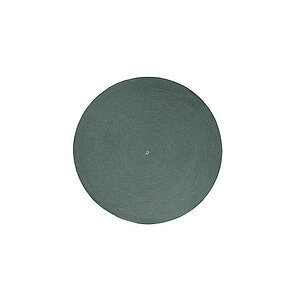Mørkegrønt rundt tæppe, 140 cm i diameter, med flad vævning og glat overflade.