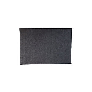 Rektangulært, mørkegråt tæppe med flad, vævet tekstur og lige kanter.