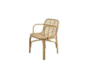 Rattan stol med armlæn, naturlig finish, parallelle slats, buede ben. Til indendørs brug.