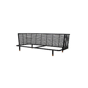 Sort sofa-ramme med vævet mønster, minimalistisk design og fire ben til indendørs brug.