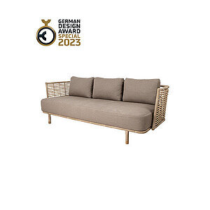 3-personers sofa med vævede armlæn/ryglæn, taupe hynder: én lang sædehynde og tre ryghynder.