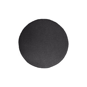 Rundt, mørkegråt tæppe med jævn, symmetrisk design og vævet tekstur.