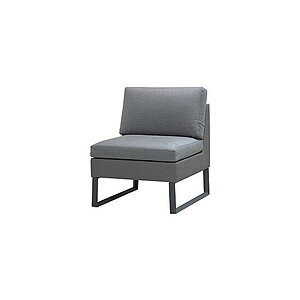 Grå udendørs stol med minimalistisk, moderne design. Rektangulær ramme og bløde hynder.