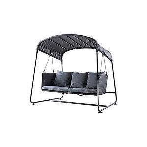 Hængesofa med moderne design, mørk farve, grå hynder og en beskyttende baldakin.
