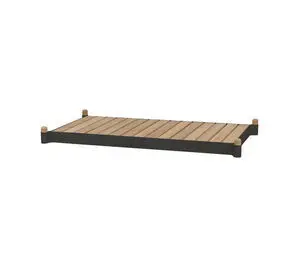 Rektangulær bænk med lameltop, teak og lavagrå aluminium, hjørnestolper, kontrastfarver.