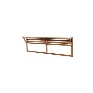 Lang, vandret bar i teak med skråstillede støtter og lameller, ideel til udendørs brug.