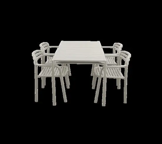 Rektangulært sandfarvet spisebord med 4 moderne stole med armlæn i aluminium, minimalistisk design.