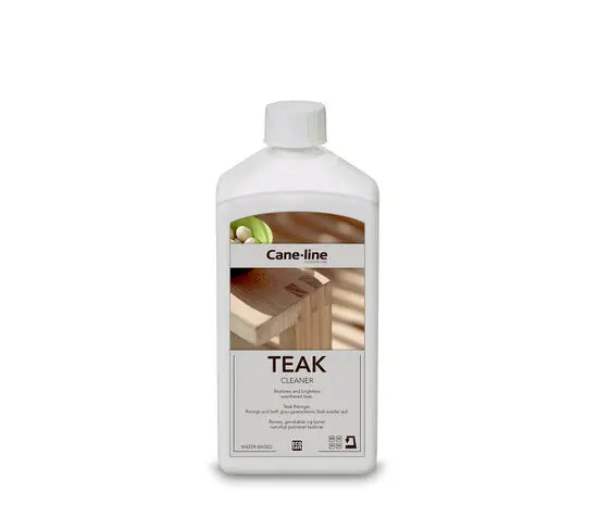 Hvid flaske med skruelåg, mærket "Cane-Line Teak Cleaner", 1000 ml til rengøring af teaktræ.