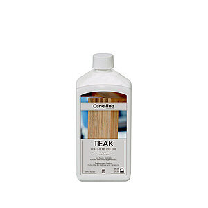 Hvid plastflaske med label "Teak Colour Protector," viser teaktræ, beskytter træets gyldenbrune farve.