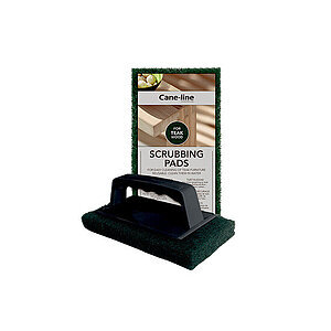 Mørkegrønne skuresvampe med sort håndtag, designet til nem brug.