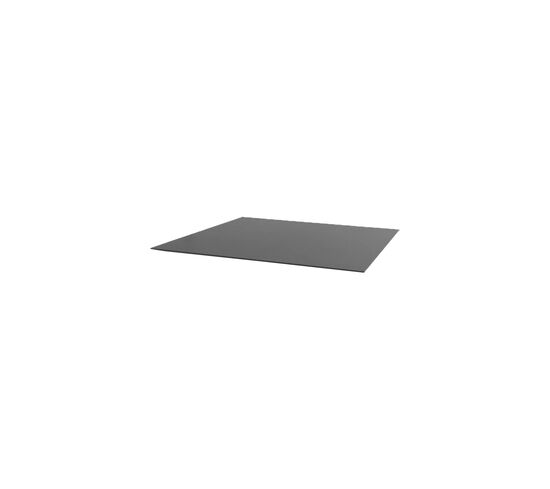 Kvadratisk bordplade i mørk keramik med flad profil, måler 100x100 cm, elegant og moderne design.