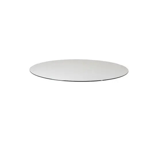 Rund bordplade i klart glas med glat overflade og let skrå kanter.