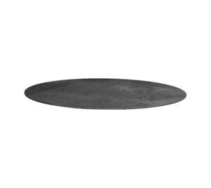 Rund sort bordplade i keramik med tekstureret mønster og glat overflade, diameter 144 cm.