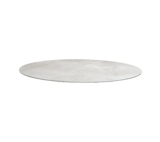 Rund bordplade i grå keramik med tynd profil, diameter 144 cm.