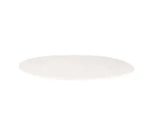 Rund bordplade med travertin-look, 144 cm i diameter, lys stenlignende overflade, højde 1,2 cm.