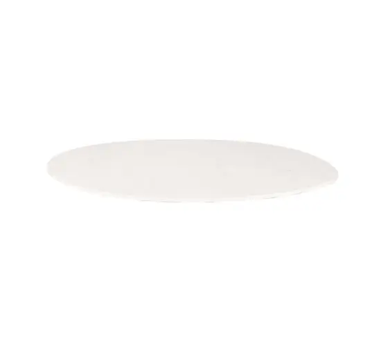 Rund bordplade med travertin-look, 144 cm i diameter, lys stenlignende overflade, højde 1,2 cm.