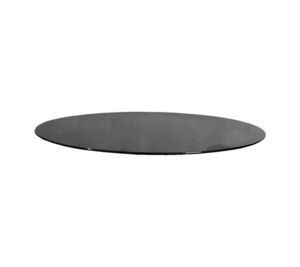 Rund bordplade i røg-sort glas med glat, reflekterende overflade.