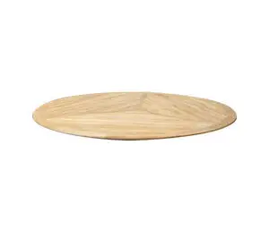 Rund bordplade i teak med geometrisk mønster af sammenføjede segmenter.