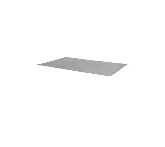 Rektangulær bordplade i beton-grå keramik, glat og flad overflade, måler 150x90 cm.
