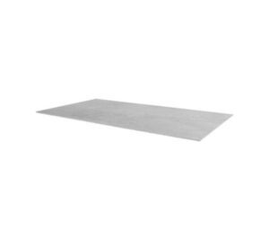 Rektangulær bordplade i fossilgrå keramik, flad overflade, måler 200x100 cm.