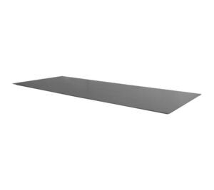 Rektangulær, mørk bordplade i keramik med glat overflade, måler 280x100 cm.