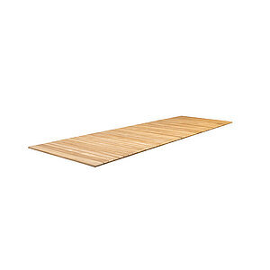Rektangulær bordplade i teak med lameldesign og synligt kornmønster, bestående af flere segmenter.