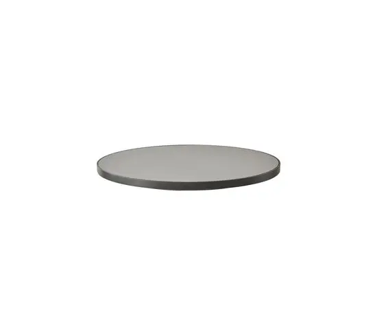 Rund bordplade, lys grå top, mørk grå kant, glat overflade, diameter 75 cm.