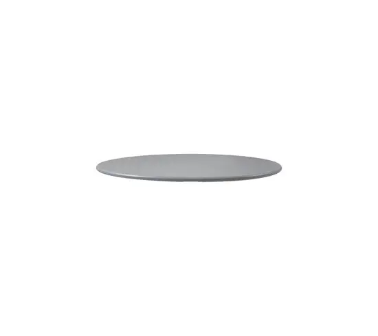Rund bordplade i lys grå med glat overflade, diameter 80 cm, fremstillet af aluminium.