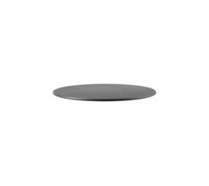 Rund bordplade i glat, grå farve med tynd profil og minimalistisk design.