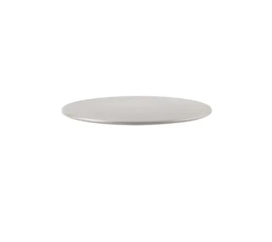 Rund sandfarvet bordplade i aluminium med glat, minimalistisk design.