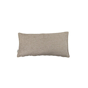 Rektangulær lys brun pyntepude med tekstur, lille mærke på siden, måler 30x60 cm.