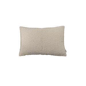 Rektangulær, lysebrun pyntepude med tekstureret overflade og synlig mærkat på siden.