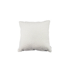 Hvid, firkantet pyntepude med en synlig, struktureret overflade. Mål: 50x50 cm.