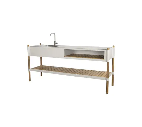 Køkkenmodul med bordplade, vask, armatur. To åbne hylder i teak på ben. Rustfrit stål og aluminium.